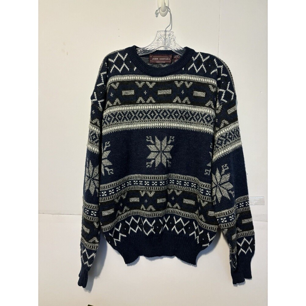 John Ashford sweater Acrylic/wool blend XL Blue White Pattern Made in Italy
